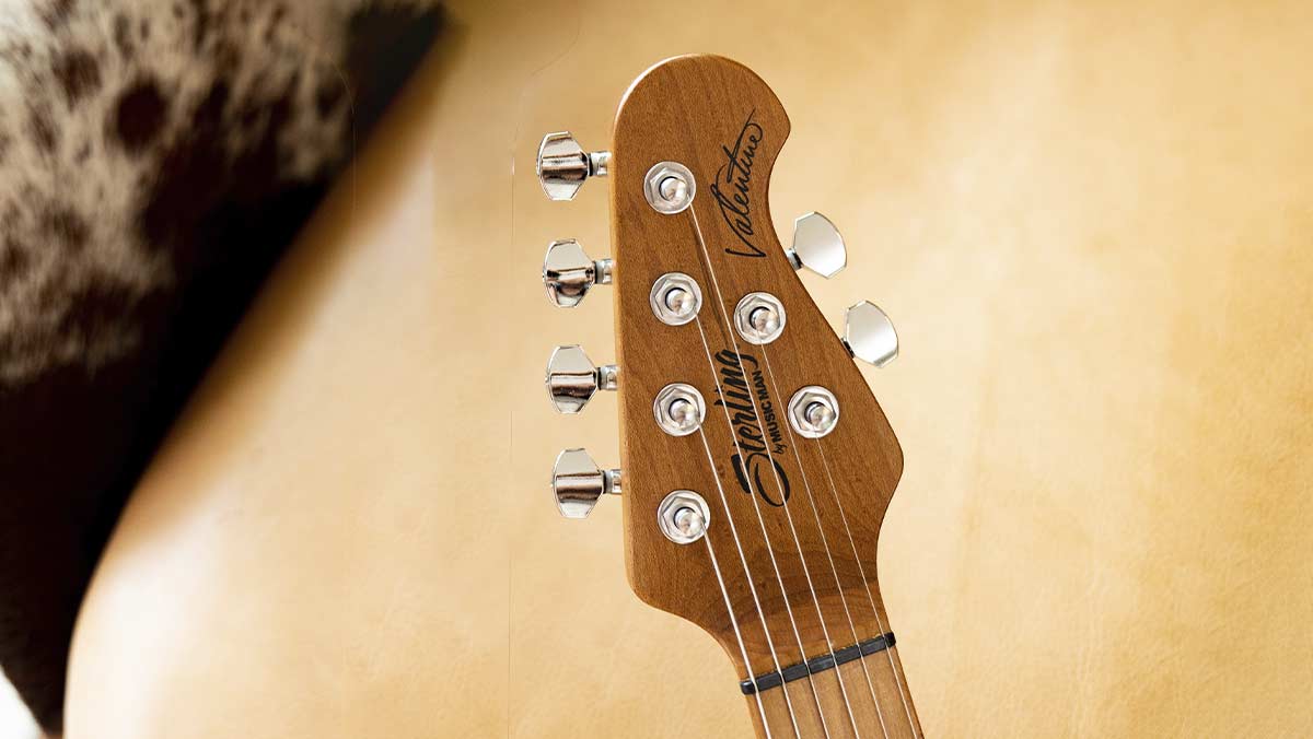 Closeup of a guitar headstock with "Valentine" signature