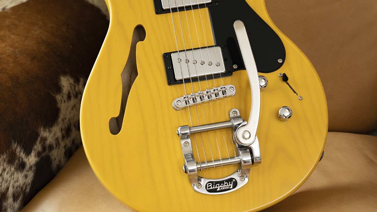 Closeup of a chambered guitar with bigsby bridge