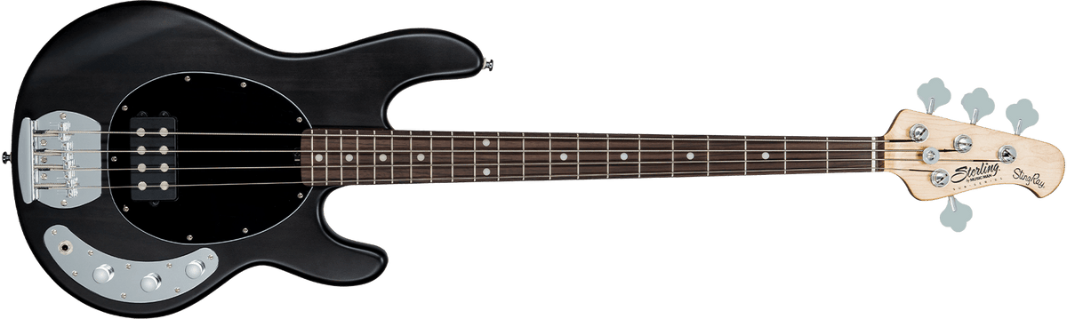 The StingRay Ray4 bass in Trans Black Satin front details.
