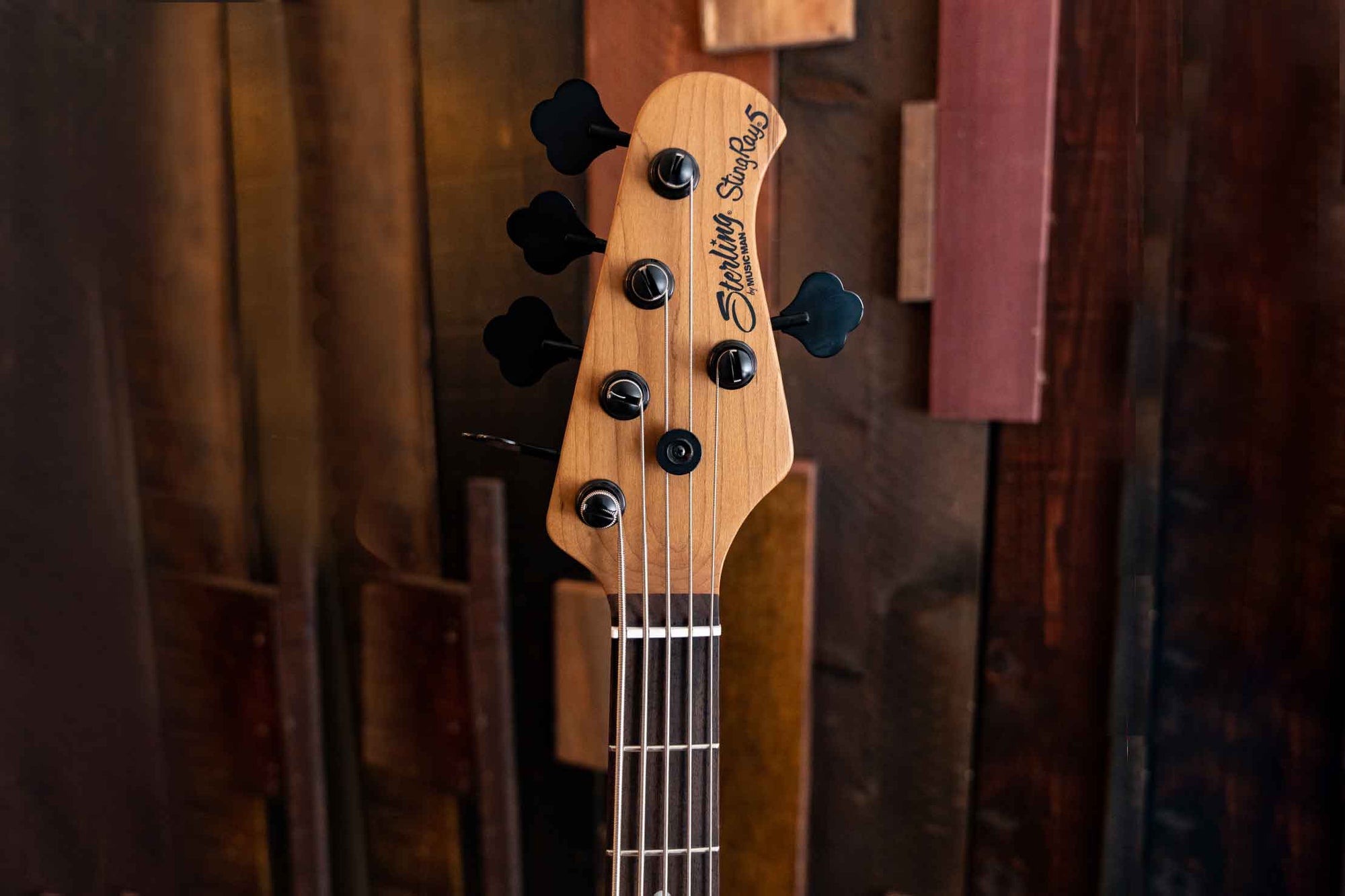 closeup of roasted maple neck and headstock of Stingray RAY35HH
