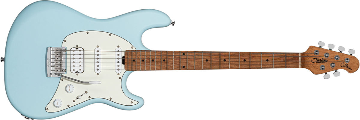 The Cutlass CT50HSS guitar in Daphne Blue Satin front details.