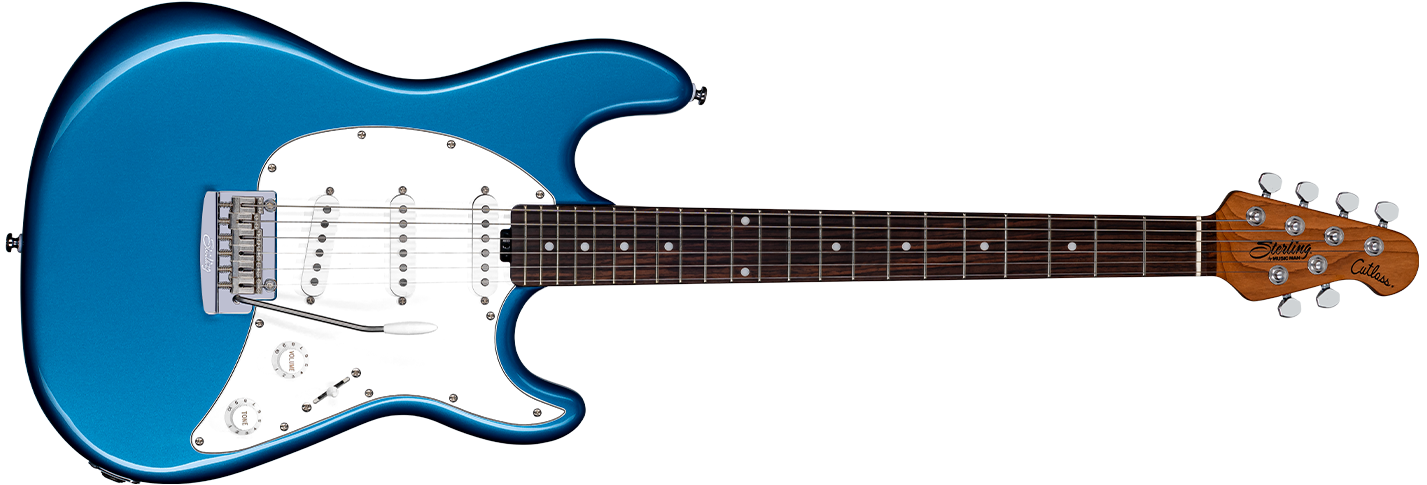 The Cutlass CT50SSS guitar in Toluca Lake Blue front details.