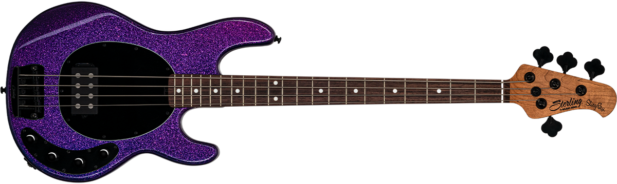 The StingRay Ray34 bass in Purple Sparkle front details.