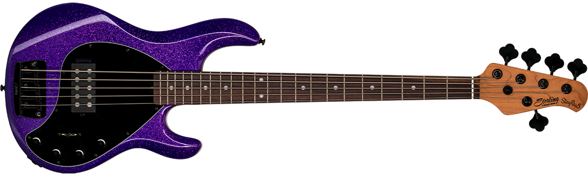 The StingRay Ray35 bass in Purple Sparkle front details.