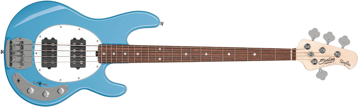 The StingRay Ray4HH bass Chopper Blue front details.