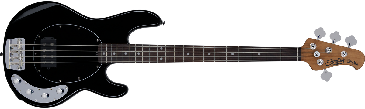The StingRay Ray34 bass in Black front details.