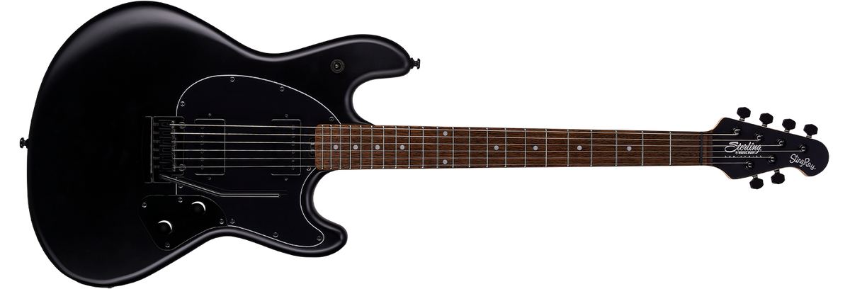 The StingRay guitar in Stealth Black front details.